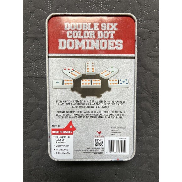 28 Double Six Color Dot Dominoes in Metal Tin Classic Games Cardinal Games Home - Picture 2 of 10